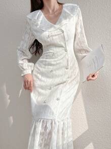 Modelyn 女士襯衫領雙排釦休閒長袖連衣裙，帶襯邊裝飾 - 白色 - 查看 8