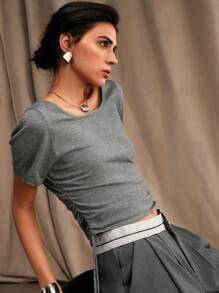 Anewsta U-Neck Pleated Knitted Grey Short Sleeve Casual Crop Top - Grey - View 5