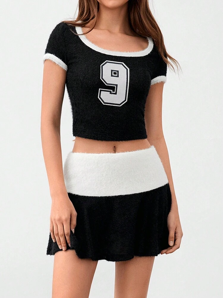 Faux Knitted Knit Short Sleeve Round Neck Slim Fit Letter Top With Contrast Fold Waistband Mini Skirt Set