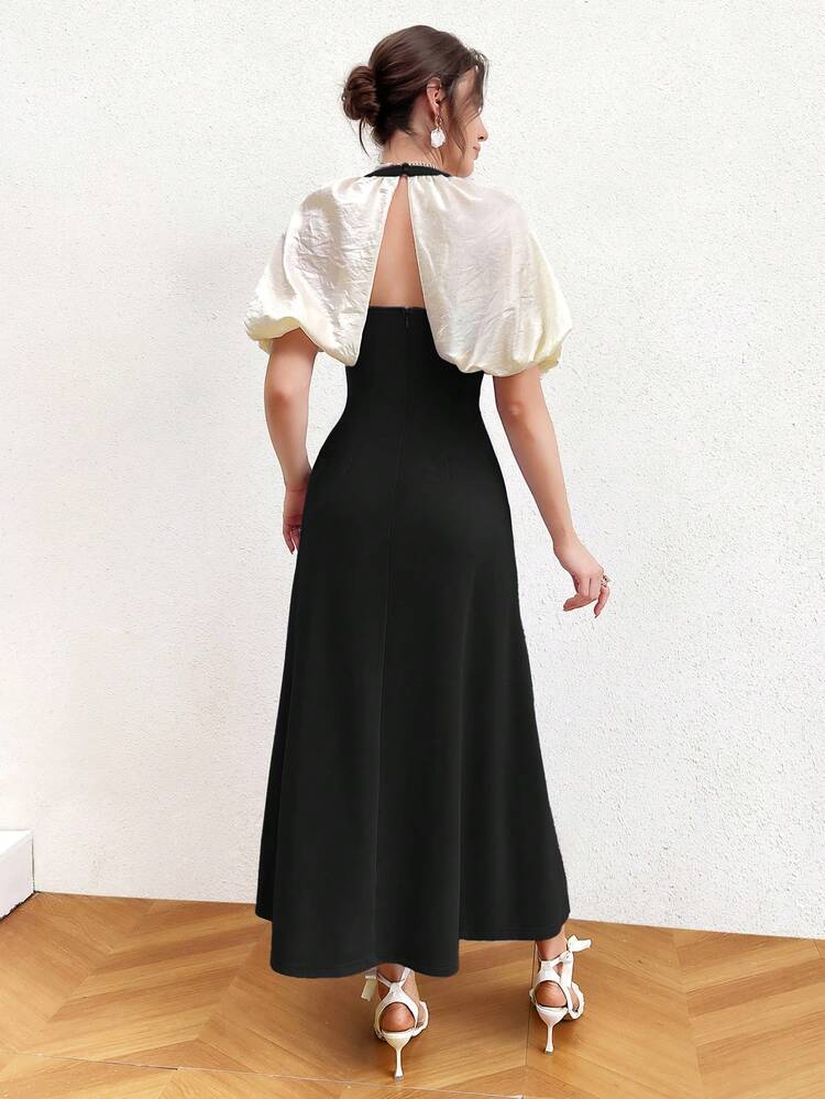 Women's Color-Blocking Square Neck Fashionable Simple Dress
