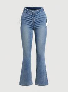 SHEIN MOD Women's Asymmetrical High Waisted Flared Jeans With Bowknot Decoration For Casual Wear - Light Wash - View 1