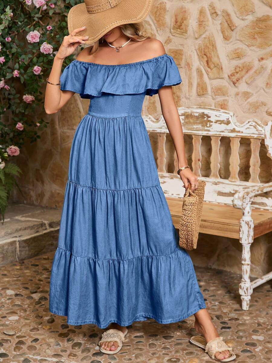 SHEIN VCAY Women's Blue Summer Dress, Festival Clothing, Long Dress For Country Music Concert, Tall Women's Summer Dress With Ruffle Design, Lovely Casual Long Dress With Ruffle Hem And Ruffle Design, Casual Fit, Perfect For Vacation, In Blue