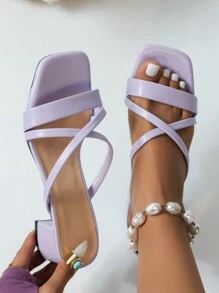 女士紫色高跟凉鞋，穆勒鞋款式，带趾带和踝带，优雅粗跟PU皮鞋，春夏穿搭 - 紫色 - 查看 3