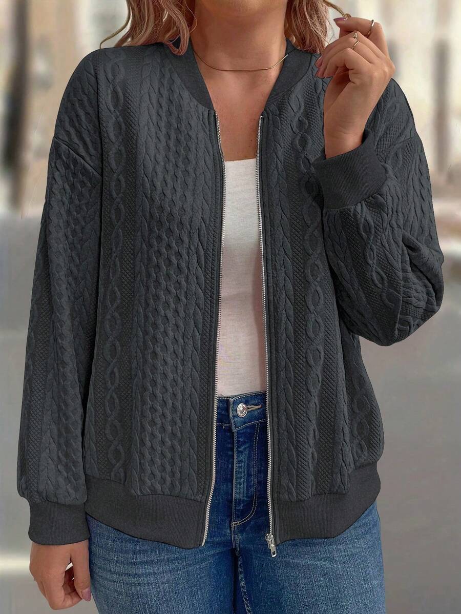 SHEIN LUNE Fashionable 3D Design Comfortable Plus Size Women Jacket With Zipper Fall Winter Cloth For Women Autumn - Dark Grey - View 1