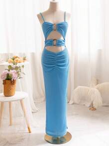 Soleia Robe sans manches bleue décontractée en tricot jacquard texturé pour femme en vacances à la plage avec cercle creux, plis et fente latérale haute