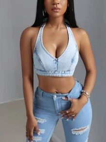 SHEIN SXY Women's Summer Sexy Strap Backless Cropped Halter Denim Top - Blue - View 3