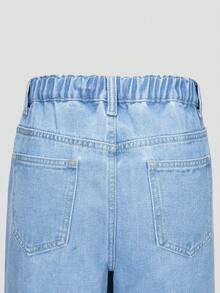 Teen Girl Black Printed Wide Leg Jeans With Front And Back Cut - Light Wash - View 5