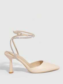 CUCCOO SZL Zapatos de mujer con puntera afilada, incrustados con cristales, con correa para el tobillo, zapatos de tacón de aguja de moda para boda, vacaciones de primavera y verano, zapatos sexy para fiestas, estilo chic y elegante para Halloween y San Valentín
