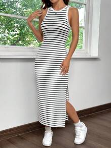 SHEIN EZwear Damen Sommer Freizeitkleid in schwarz-weiß gestreiftem Slim Fit mit ärmellosem Schnitt und seitlichen Schlitzen