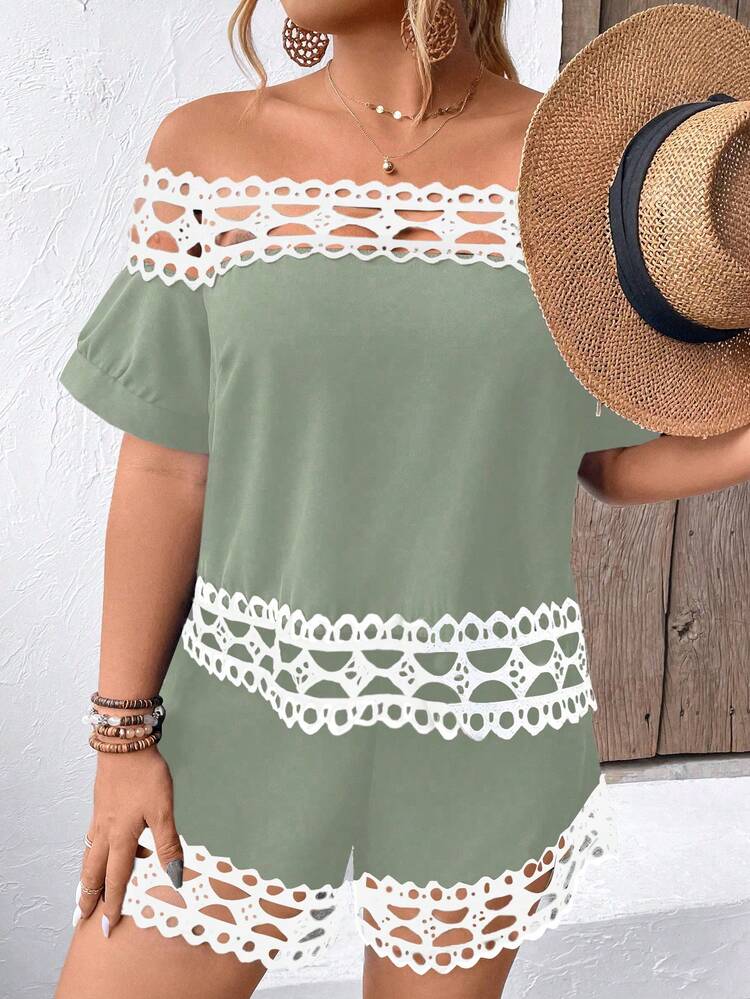 Plus Size Vacation Casual Color Block Lace Splicing Off Shoulder Shirt And Shorts Set
