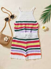 少女假期條紋無袖背心、褲子和毛衣套裝，採用露背領設計 - 白色 - 查看 2