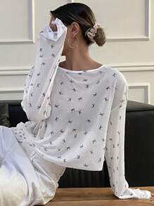 DAZY Damen Top mit dünnen Langärmeln, Blumenmuster, ausgeschnittenem Rücken und rundem Ausschnitt, Neckholder, Rüschen