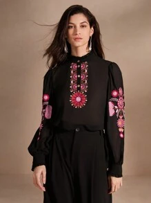 Anewsta Camisa casual de manga larga para mujer con bordado de flores y botones en la parte delantera