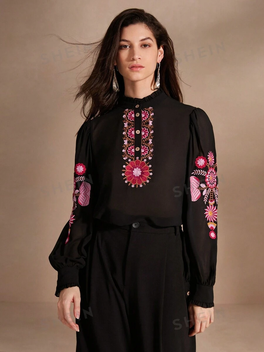 Anewsta Camisa casual de manga larga para mujer con bordado de flores y botones en la parte delantera