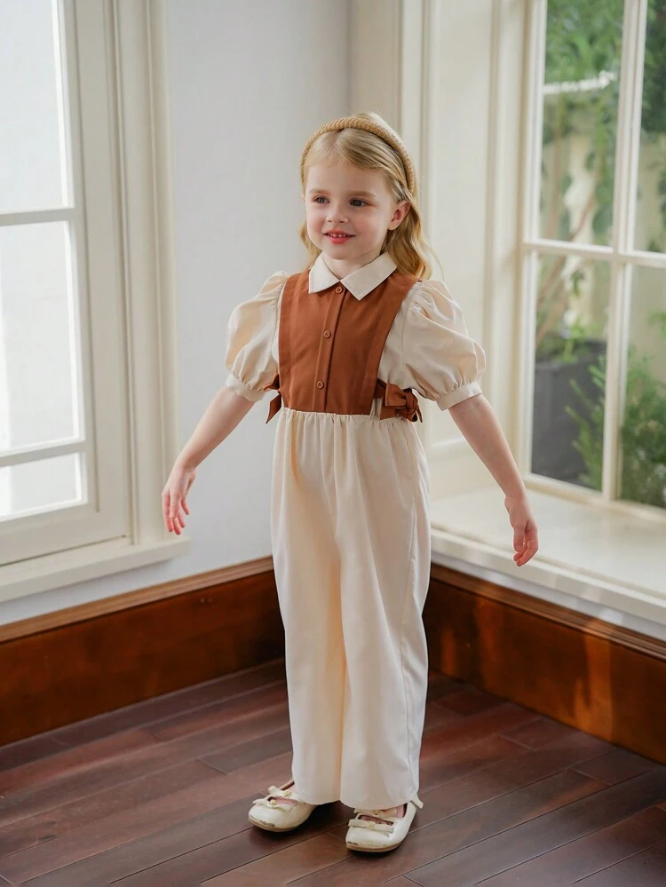 Young Girl Color-Block Woven Stand Collar Jumpsuit With Puff Sleeve And 2 In 1 Design