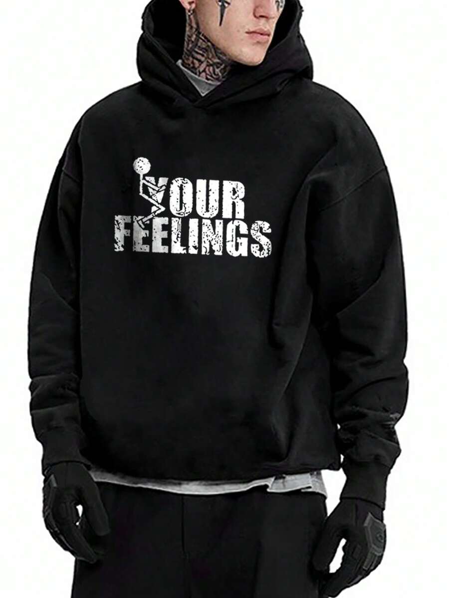 Sudadera Con Capucha De Manga Larga Y Estampado Para Hombre De Moda - Negro - Ver 1