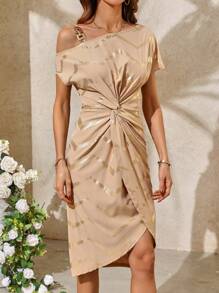 SHEIN Clasi Women's Summer Holiday Asymmetric V-Neck Twisted Wrap Dress With Foil Print Wedding Guest Summer - Yellow - View 3
