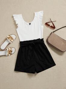 SHEIN Frenchy 女士夏日針織拼接短袖休閒連身褲，搭配編織短褲 - 黑與白 - 查看 1