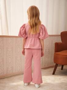 SHEIN Young Girls Solid Color Simple Large Cuff Top Solid Color Pants  2-Piece Outfit Set - Multicolor - View 2