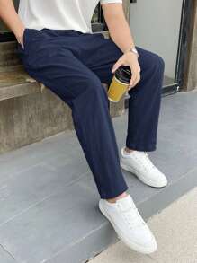 Manfinity Homme 男士純色簡約時尚日常編織便裝褲 - 藏蓝色 - 查看 3