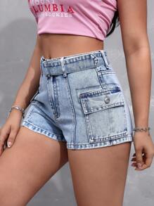 SHEIN EZwear Women's Slim Fit Mini Denim Shorts With Cargo Pockets, Summer