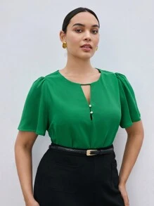 BizChic Áo sơ mi xanh lá cây thường ngày dáng rộng, cổ khoét sâu, tay bèo nhún cỡ lớn dành cho nữ mùa hè - màu xanh lá - Xem 6