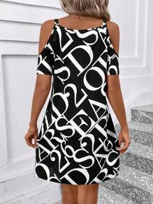 SHEIN Clasi Women's Summer Fashionable Letter & Number Printed Open Shoulder Spaghetti Strap Dress - Black and White - View 2