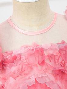 SHEIN Glamorique Kids Váy dự tiệc tay phồng họa tiết hoa đính hoa dễ thương cho bé gái - Hồng - Xem 5