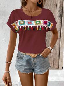 Breezaya Camiseta informal de manga corta y cuello redondo con flecos estampado de flores para las vacaciones de verano de la mujer