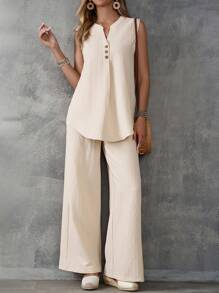 EMERY ROSE Set di canotta senza maniche in tessuto a trama e pantaloni a gamba larga con design a fessura con bottoni per donne
