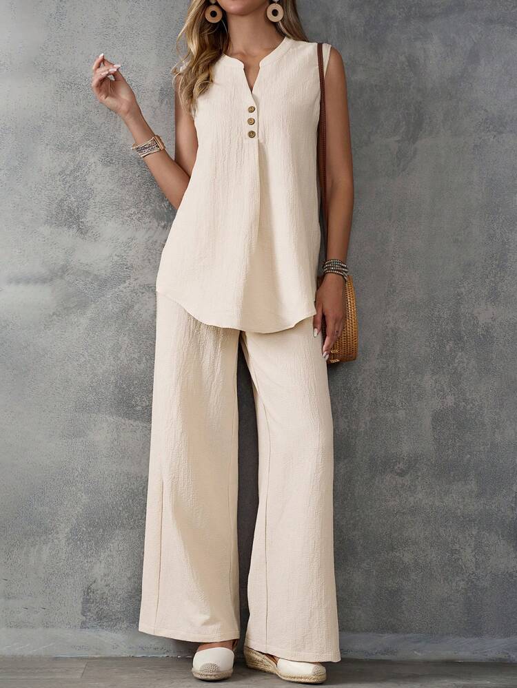 Texture Fabric Sleeveless Tank Top And Wide-Legged Pants Set With Buttoned Slit Design For Women