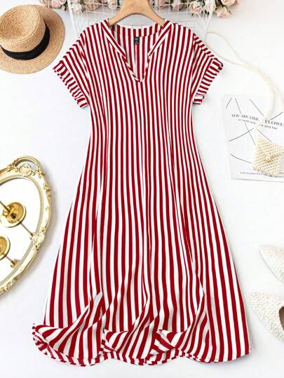 SHEIN LUNE Plus Size Women Summer Striped Batwing Short Sleeve Casual Dress With Notched V-Neckline, For Christmas Burgundy Color Women Outfit Suitable For Vacation, Elegant, Beach, Casual, Daily Wear White Dresses For Women Summer Resort Wear Women Vacation Dress Summer Spring Vacation Outfits Women Holiday Dresses