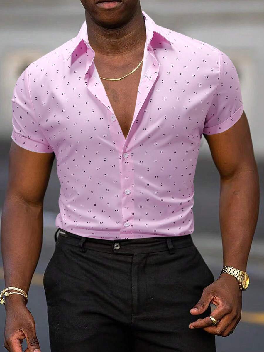 Calvornis Men's Summer Parentheses Print Casual Short Sleeve Shirt (Random Cut Pattern) - Pink - View 1