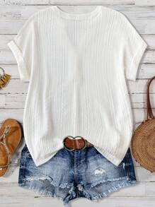 SHEIN LUNE Plus Size Women's Summer Solid Color Short Sleeve Casual T-Shirt With Notched V-Neck - White - View 2
