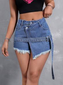 SHEIN EZwear 女式時尚心形印花無袖牛仔短褲 - 藍色 - 查看 7