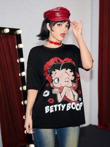 Betty Boop | ROMWE Casual Cartoon Character And Letter Printed Loose Oversized T-Shirt For Summer - Black - View 4