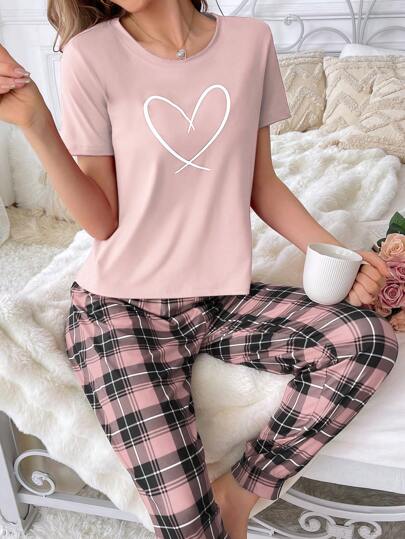 Herz Bedrucktes Oberteil Und Karierte Hose Pyjama Set