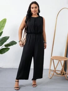 SHEIN LUNE Plus Size Black Sleeveless Jumpsuit With 2 In 1 Design For Summer Casual Outfits - Black - View 7