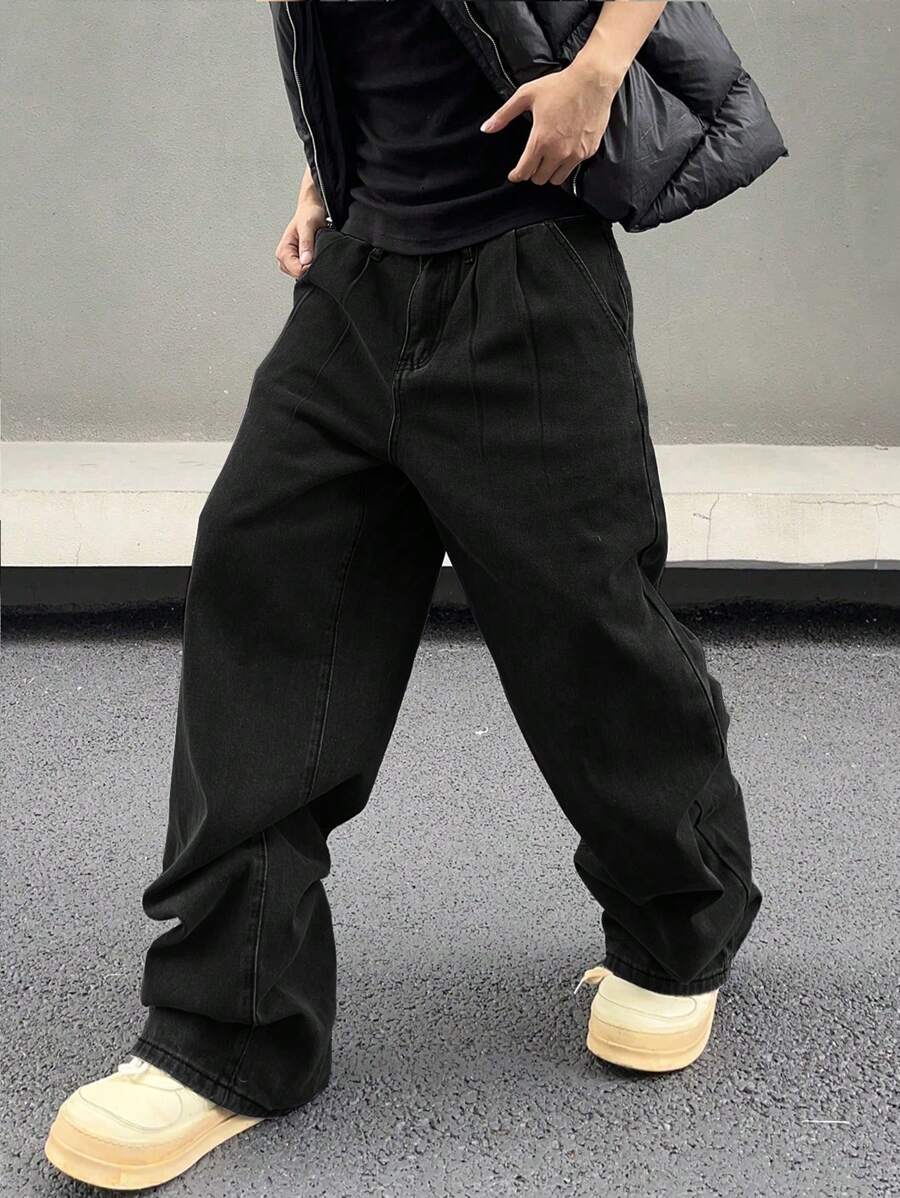 Manfinity EMRG 男士休闲宽松阔腿牛仔裤，适合日常穿着，男士宽松黑色裤子，男士黑色宽松牛仔裤，男士宽松裤子 - 黑色 - 查看 1