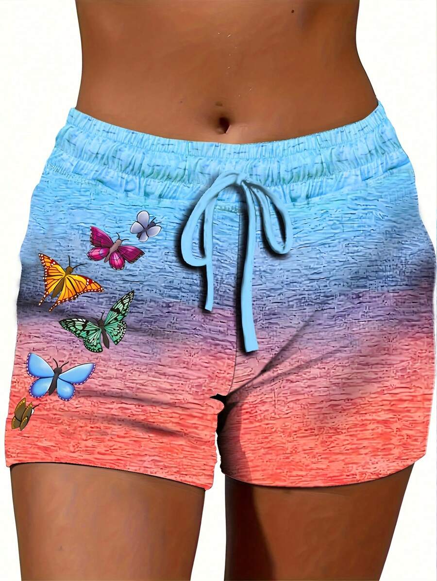 SHEIN LUNE Women's Color Block Butterfly Printed Summer Casual Shorts - Multicolor - View 1