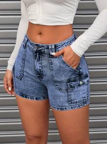 SHEIN ICON 女士休閒洗水牛仔短褲，附有口袋設計 - 深色水洗藍 - 查看 1