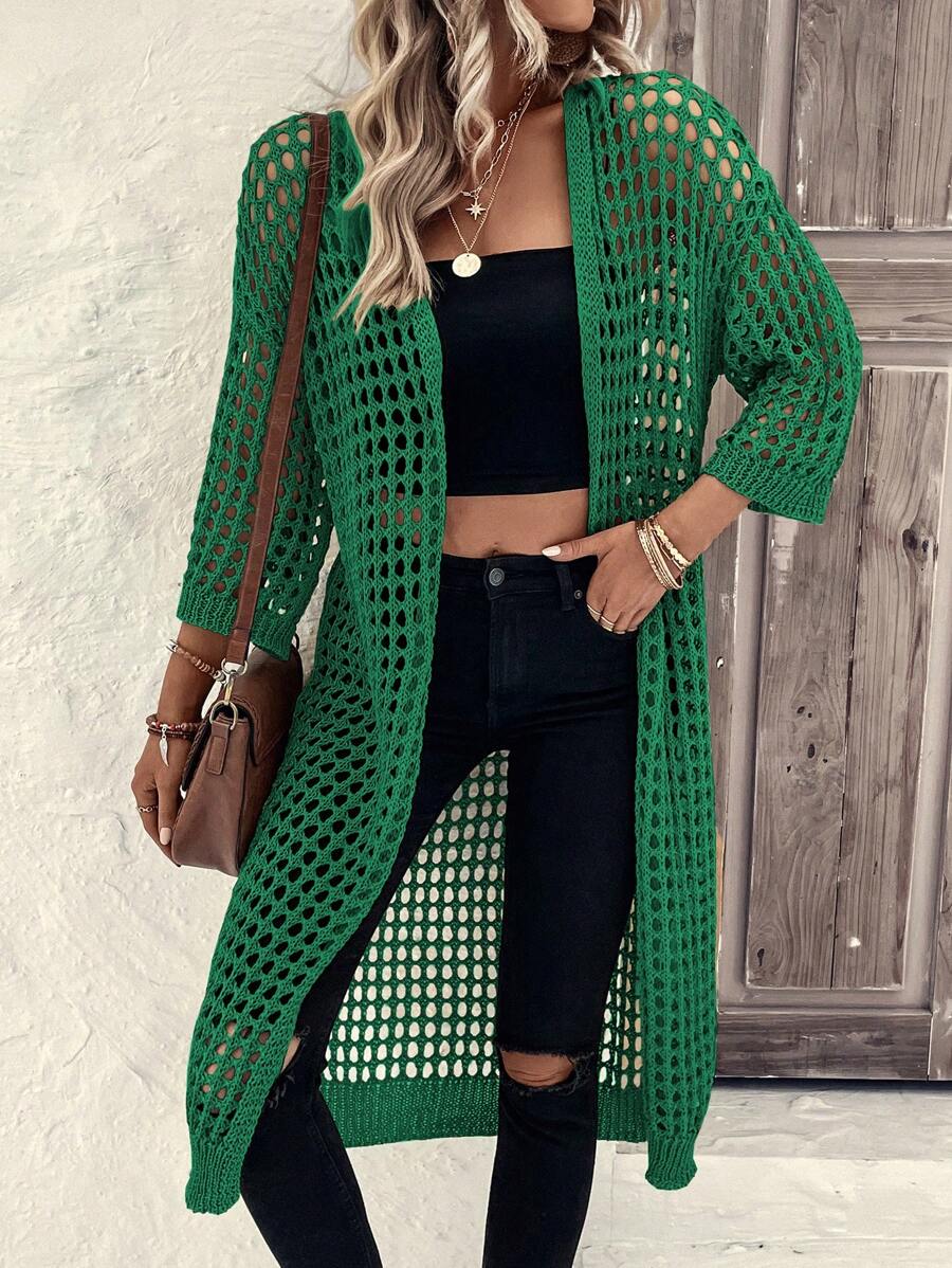 SHEIN LUNE Cardigan cache-maillot pour femmes, couleur unie avec épaules basses et motifs ajourés, parfait pour les vacances à la plage - Vert olive - Voir 1