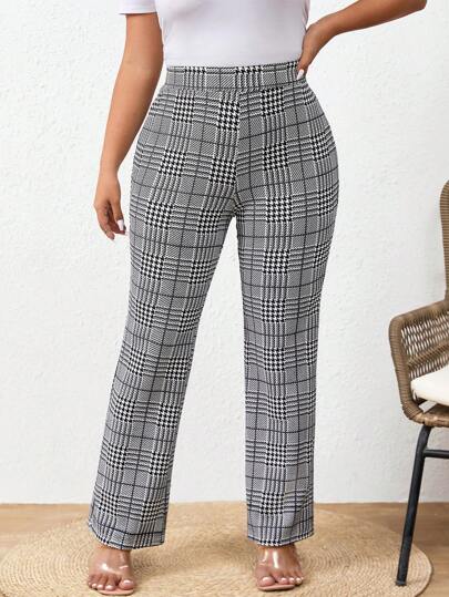 SHEIN Frenchy Pantalones largos elegantes de cuadros de talle grande con micro vuelo y ajuste delgado