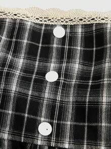 ROMWE Academia 女士复古格子休闲蕾丝边纽扣细节吊带背心，学校