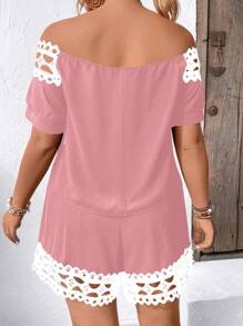 Calvaya Conjunto casual de top y shorts con hombros descubiertos y encaje con bloques de color contrastante de talla grande para vacaciones - Rosa - Ver 2