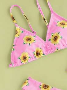 SHEIN Tween Girl Sunflower Print Reversible Bikini Set Summer Beach - Multicolor - View 4