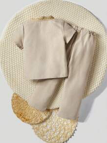 SHEIN Young Boy Formal Stand Collar Short Sleeve T-Shirt And Long Pants 2pcs/Set