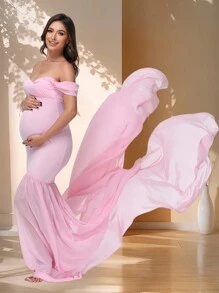 Maternity Chiffon Dress With Flowy Hem, Perfect For Photoshoot - Pink - View 7