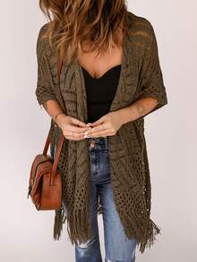 Acelitt Fringe Hem Hollow Out Kimono Summer - Brown - View 4