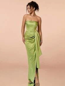 Pleated Satin Tube Dress, Women's 2026 Spring/Summer Strapless Satin Cinched Waist Dress With Pleated Ruffle Hem And High Slit, Romantic Lakeside Evening Party Cocktail Elegant Dress For Music Festival, Wedding Season, Back To School - Olive Green - View 7